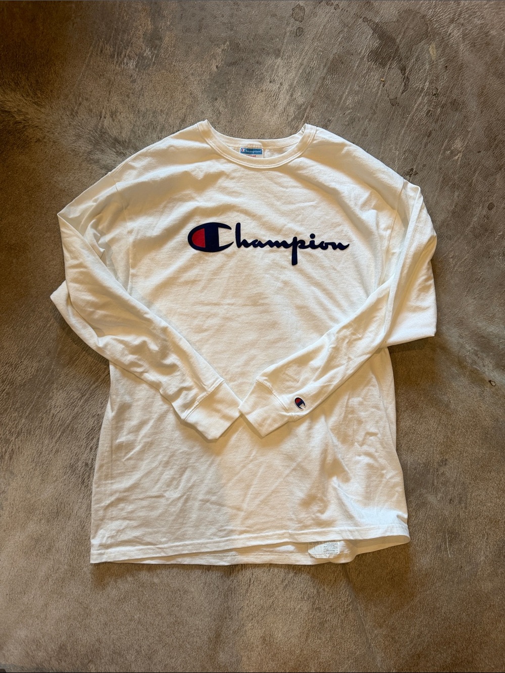 Champion White Long Sleeve Script Logo Tee with Navy & Red Accent